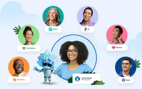 Un robot interactúa con un equipo diverso: Marketing, Ventas, Comercio, Servicio, IT y Datos. Así funciona **que es CRM en marketing** para conectar clientes.