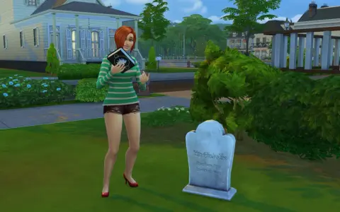 Simka z książką w ręku przy grobie, jakby szukała kodów do The Sims 3.