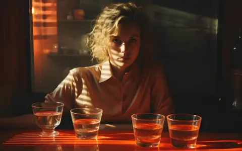 Kobieta z kręconymi włosami siedzi przy stole z czterema szklankami wody. Cienie padają na jej twarz, sugerując, że jest cichym alkoholikiem.