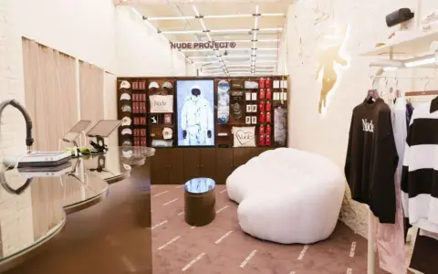 Interior de tienda Nude Project con ropa, gorras y accesorios. El logo de Nude Project se ve en la pared y en el suelo.