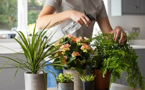 Persona rocía agua sobre plantas para la cocina, incluyendo un helecho frondoso y flores rosadas.