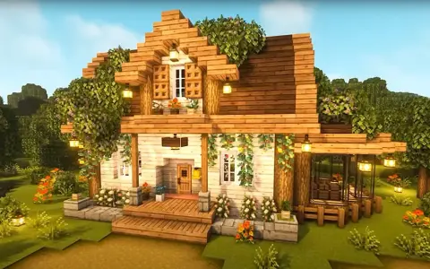 Uroczy, drewniany dom z Minecraft, otoczony zielenią i kwiatami. Idealny pomysł na dom w Minecraft dla miłośników natury.