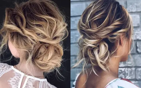 Due acconciature con capelli semi raccolti eleganti, con morbide onde bionde e castane, perfette per un look romantico.