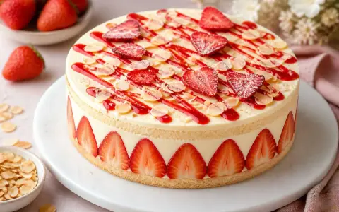 Gâteau génoise aux fraises facile, décoré de fraises fraîches, coulis rouge et amandes effilées. Un délice printanier !