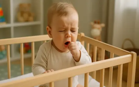 Niemowlę w łóżeczku zamyka oczy i zakrywa usta rączką, wyraźnie czuć kaszel u niemowlaka.