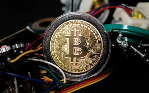 Złoty Bitcoin w otoczeniu kabli i elektroniki, symbolizujący darmowe kopanie kryptowalut.