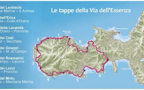 Mappa dell'Isola d'Elba con le tappe della Via dell'Essenza, un percorso che attraversa sentieri panoramici e borghi caratteristici.