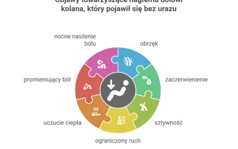 Koło objawów nagłego bólu kolana: obrzęk, zaczerwienienie, sztywność, ograniczony ruch, uczucie ciepła, promieniujący ból, nocne nasilenie bólu.