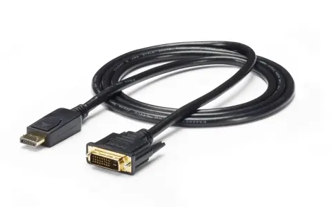 En svart kabel med en DisplayPort-kontakt i ena änden och en DVI-kontakt i den andra. En jämförelse av displayport vs dvi.