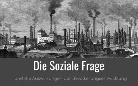 Dampfende Fabrikschlote über einer Stadt, die die soziale Frage und die Auswirkungen der Bevölkerungsentwicklung symbolisiert.