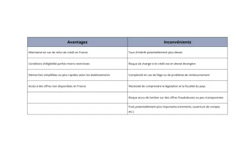 Tableau comparant avantages et inconvénients d'un prêt. On y voit des points comme "Alternative en cas de refus de crédit" et "Taux d'intérêt potentiellement plus élevés". Le prêt n'a pas d'inconvénient majeur.