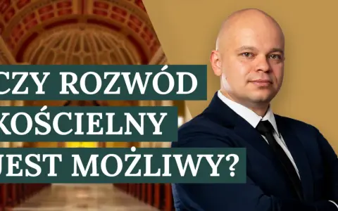Mężczyzna w garniturze pyta: "Czy rozwód kościelny jest możliwy?". W tle kościelne wnętrze.
