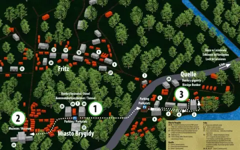 Mapa kompleksu bunkrów w Mamerkach z zaznaczonymi obiektami, muzeami i parkingami.