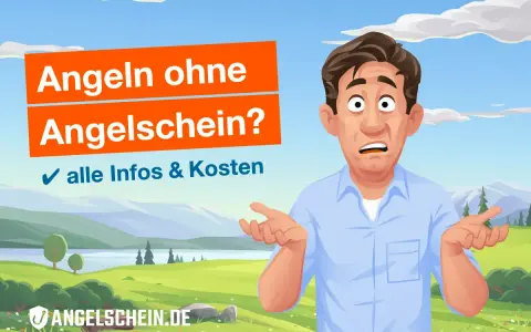 Verwirrter Mann fragt: Angeln ohne Angelschein? Hier gibt's alle Infos & Kosten. Landschaft mit See und Bergen im Hintergrund.