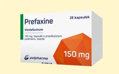 Opakowanie leku Prefaxine 150 mg, zawierające 28 kapsułek o przedłużonym uwalnianiu.