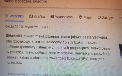 Szukasz informacji, ile kcal ma babeczka Wedel? Na ekranie widać składniki tej słodkości: cukier, mąka, krem czekoladowy.