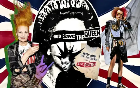 Vivienne Westwood Punk Ikone mit zerzaustem Haar und einem Becher in der Hand, umgeben von Punk-Symbolen und der britischen Flagge.