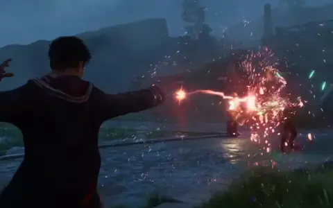 Uczeń rzuca zaklęcie, walcząc z przeciwnikiem. Wyobraź sobie, jakby to wyglądało w **Hogwarts Legacy multiplayer**!