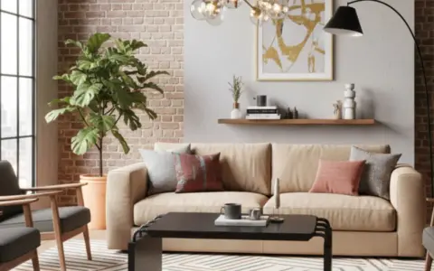 Przytulny salon z kanapą w kolorze słomkowym, szarymi fotelami, ceglaną ścianą i dużą rośliną.