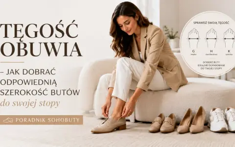 Kobieta dobiera buty, sprawdzając tęgość obuwia H. Poradnik pokazuje, jak dobrać idealnie dopasowane buty do stopy.
