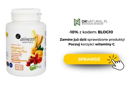 Suplement diety Aliness Witamina C 1000 mg Plus, zawierający kwas L-askorbinowy i inne składniki. Poczuj korzyści witaminy C!