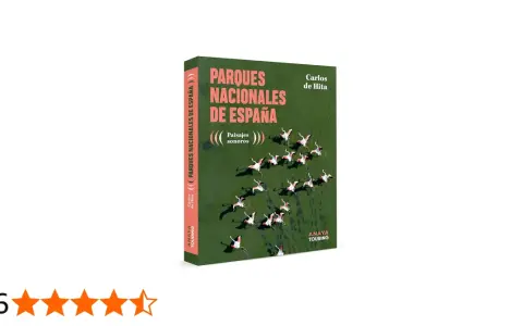 Libro "Parques Nacionales de España" con flamencos rosados en vuelo. Explora la belleza sonora de estos lugares.
