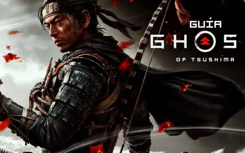 Jin Sakai, protagonista de la **guía Ghost of Tsushima**, con armadura samurái y arco. Hojas rojas flotan en el aire.