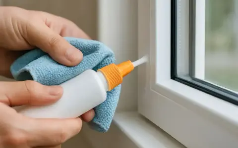 Ręce trzymają buteleczkę z preparatem i ściereczkę, aplikując środek na ramę okna. To rozwiązanie, czym usunąć silikon.