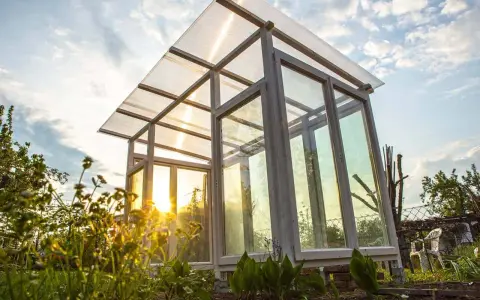 Ein selbstgebautes Tomatenhaus aus Holz und Glas, das im Abendlicht erstrahlt. Perfekt für den Anbau von Tomaten.