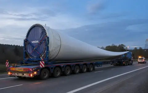 Ogromne łopaty wiatraka Vestas na specjalistycznej platformie. To skomplikowane zlecenie transportowe na drodze o zmierzchu.