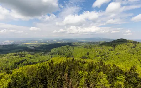 Widok z góry na zielone lasy i pola, idealny na kłodzka góra trasa.