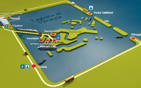 Mapa Wenecji i okolic: lotnisko Marco Polo, stacja kolejowa, terminal promowy, Punta Sabbioni, Lido, Chioggia. Dojazd z Treviso.