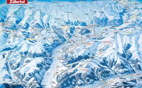 Mapa narciarska Zillertal z zaznaczonymi trasami, wyciągami i szczytami.