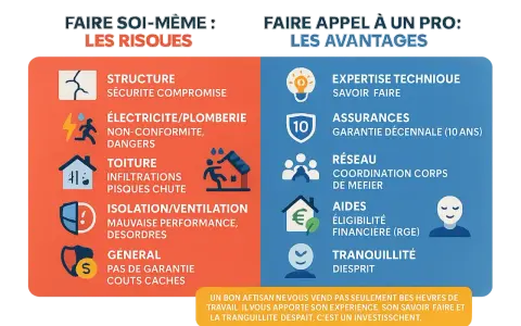 Comparaison des risques du bricolage et des avantages de faire appel à un professionnel pour la rénovation maison ancienne.