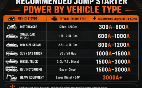 Chart shows how many amps to start a semi truck: 1500A-3000A for diesel trucks, and 3000A+ for heavy equipment.