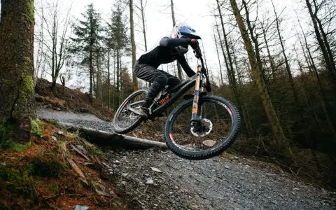 Tahnee Seagrave meistert eine steile Abfahrt im Wald.