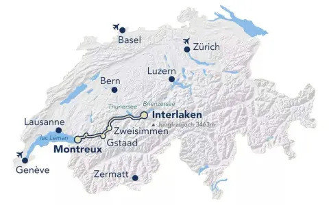 Map showing the scenic Golden Pass train route from Interlaken to Montreux, passing through Zweisimmen and Gstaad.