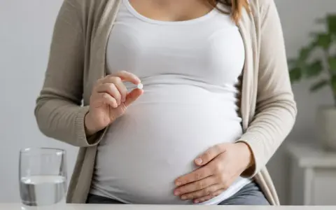 Kobieta w ciąży trzyma tabletkę, zastanawiając się nad aspiryną w ciąży. Obok stoi szklanka wody.