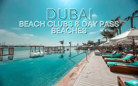 Piscina a sfioro e lettini prendisole in un lussuoso beach club di Dubai, con palme e vista sullo skyline.