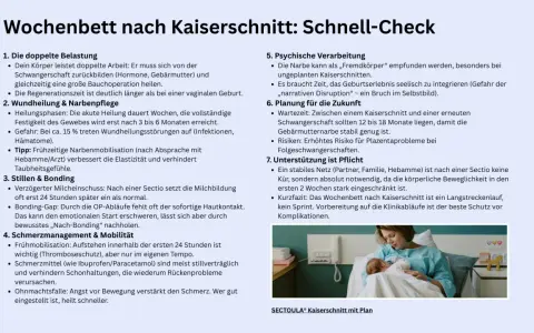 Eine Mutter hält ihr Neugeborenes im Arm. Der Text thematisiert das Wochenbett nach Kaiserschnitt und die damit verbundenen **Hormone nach Geburt**.