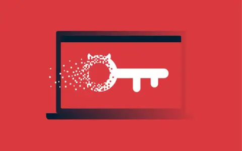 Laptop z kluczem, który rozpada się na piksele. Uważaj na trojan wirus link, który może zaszkodzić Twoim danym.