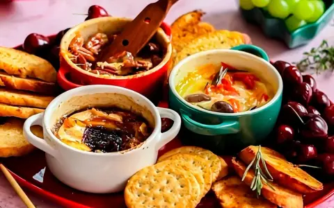 Drei kleine Auflaufförmchen mit geschmolzenem Camembert, garniert mit Nüssen, Tomaten und Kräutern, serviert mit Brot und Kirschen.