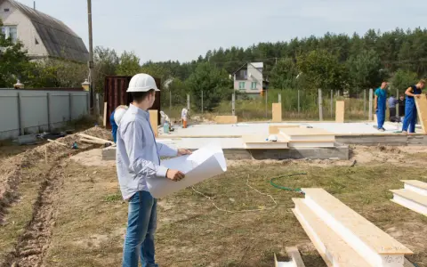 Inżynier z planami analizuje teren budowy, zastanawiając się, ile arów pod dom będzie potrzebne. Pracownicy w niebieskich kombinezonach kontynuują montaż ścian.