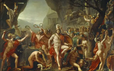 Krieger und Bürger feiern Siege. Ein Mann mit Lorbeerkranz, wie ein Gesetzgeber Spartas, hält ein Schwert.