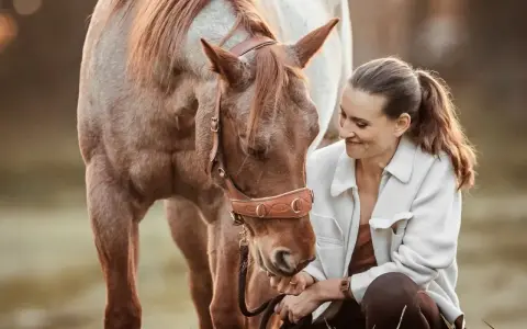 Eine Frau kniet neben einem braunen Pferd und streichelt es sanft. Selbst ein hektisches Pferd kann durch ruhiges Reiten und liebevolle Zuwendung gezähmt werden.