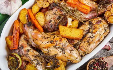 Pieczony królik z ziemniakami, marchewką i czosnkiem, doprawiony ziołami. Idealna marynata do królika pieczonego w piekarniku.