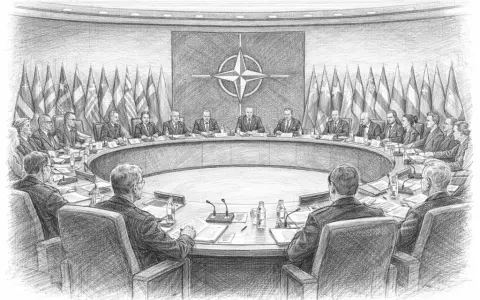 Eine Gruppe von Staatsmännern sitzt an einem runden Tisch, umgeben von Flaggen, und diskutiert über die Zukunft, vielleicht über die Abwehr von **Imperialismus**.