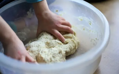 Mains d'enfant pétrissant une pâte à pizza dans un bol. Une étape clé de la recette pâte à pizza levure sèche.