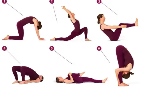 Frau in lila Kleidung übt Yoga-Posen, um die autochthone Muskulatur zu trainieren. Sechs nummerierte Übungen für Flexibilität und Kraft.
