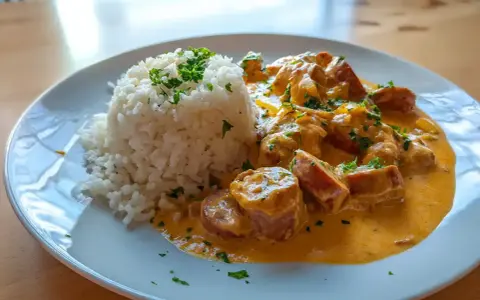 En portion krämig korvstroganoff med ris, toppad med färsk persilja. En klassisk svensk rätt som värmer själen.